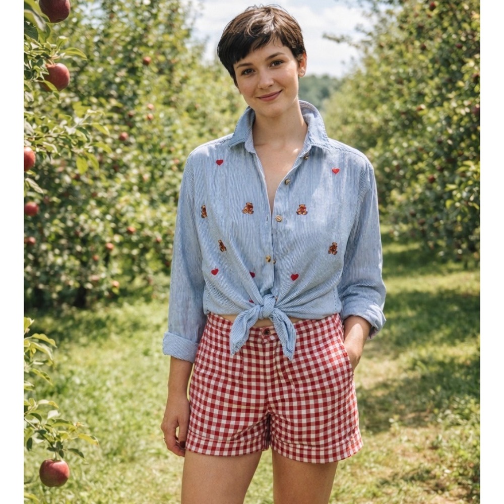 VTG Casey & Max Embroidered Teddy‎ Bear & Heart Striped Chambray Shirt Size L